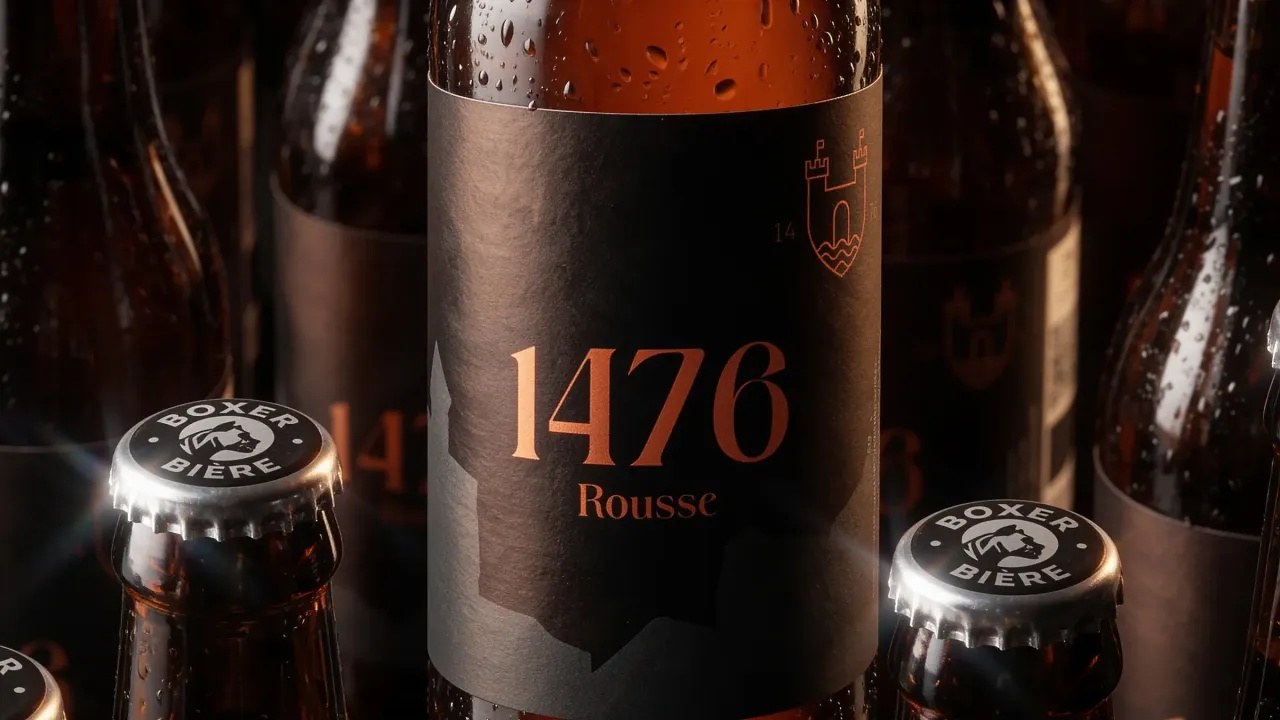 Étiquette commémorative 1476 de la bière Boxer, noir mat, chiffres serif et accents orange brûlé