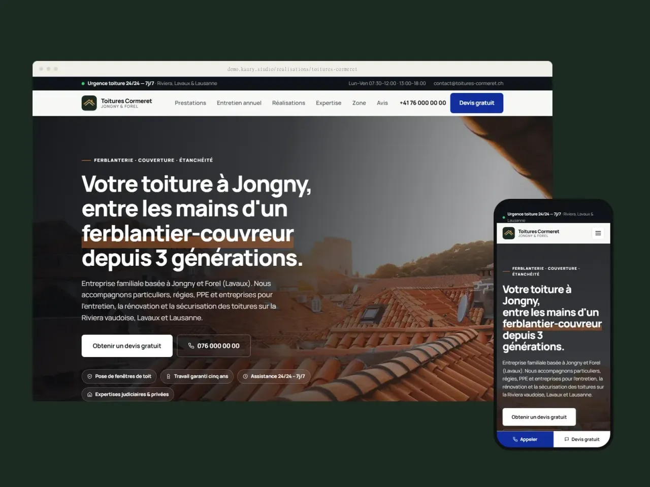 Page d'accueil de Toitures Cormeret dans un cadre de navigateur et sur un téléphone
